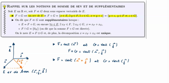 Rappels les notions de somme de deux sev et de sev supplémentaires.