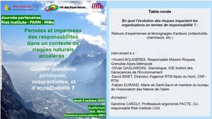 Journée Partenaires 02/10/2025 - Pensées et impensées des responsabilités dans un contexte de risques naturels accélérés - Table-ronde 'En quoi l'évolution des risques impacte les organisations en termes de responsabilité'